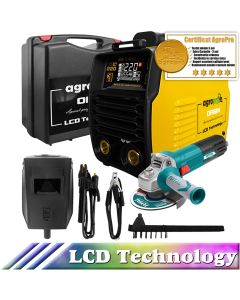 Aparat sudura profesional AgroPro Origin 220 LCD inverter 220A MMA + Polizor unghiular Total 125mm 1010W VRD Tehnologie IGBT + Cutie transport