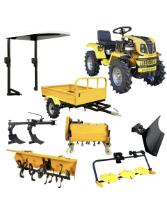 Minitractor ProGARDEN Campo T18 V25.1 4x4 18CP benzina hidraulica fata-spate roti 6.00-12 cu acoperis + remorca 600 kg freza tractata plug tocator vegetatie cositoare cu discuri si lama zapada