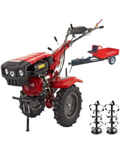 Motocultor 4x4 Rotakt Gladiator RO15RE-2P motor 15CP benzina 2+1 viteze latime lucru 56-135 cm freze roti cauciuc 5.00-12" pornire electrica 2 prize de putere + Remorca Rotakt Transporter REM600 4x4 capacitate incarcare 600 kg