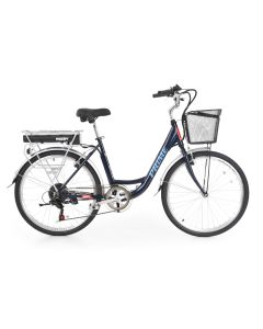 Bicicleta electrica Hecht prime blue cu sasiu din aluminiu schimbator shimano acumulator 36 v