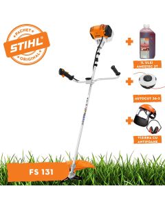 Motocoasa STIHL FS 131 putere 1.9 CP latime lucru 42 cm cutit pentru iarba 230-2 chinga dubla pentru umeri + ulei amestec 2T 1L + AutoCut 36-2 + viziera cu antifoane