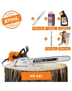 Motofierastrau profesional STIHL MS 661 putere 7.3CP lama 75 cm 1.6mm pas lant 3/8" 36RSC + ulei amestec 2T 1L + ulei forest plus 2L + 2x extra lant + extra sina + pila lant