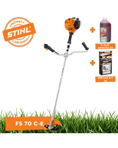 Motocoasa STIHL FS 70 C-E ErgoStart putere 1.2 CP latime lucru 42 cm cutit pentru iarba 230-2 chinga de transport + ulei amestec 2T 1L + service kit 24