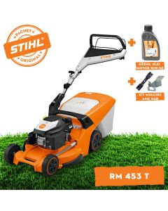 Masina de tuns gazonul STIHL RM 453.3 T benzina autopropulsata latime taiere 51 cm cos colector 55 L + ulei motor 10W-30 0.6L + kit mulcire AMK 048
