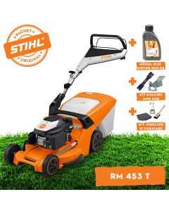 Masina de tuns gazonul STIHL RM 453.3 T benzina autopropulsata latime taiere 51 cm cos colector 55 L + ulei motor 10W-30 0.6L + kit mulcire AMK 048 + kit ingrijire si curatare