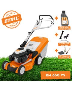 Masina de tuns iarba pe benzina STIHL RM 650 VS latime lucru 48 cm motor 3.5CP cos 70 l + ulei motor 10W-30 0.6L + kit mulcire AMK 045 + kit ingrijire si curatare