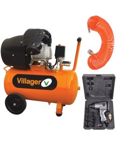 Set compresor Villager VAT VE 50 L putere 2.2 kW debit 316 l/min presiune 8 bar rezervor 50l masina insurubat pneumatica WF 002 A furtun pneumatic AgroPro VAT PU0015m