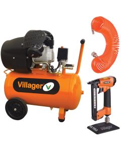 Set compresor Villager VAT VE 50 L putere 2.2 kW debit 316 l/min presiune 8 bar rezervor 50l capsator pneumatic VAT 8016 furtun pneumatic AgroPro VAT PU0015m